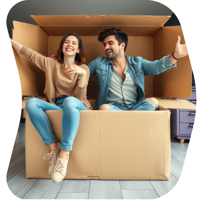 Two guys sitting on the floor of their apartment with Muval moving boxes